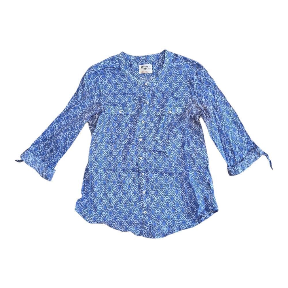 HOLDING HORSES Anthropologie Blue Diamond Pattern Button Down Shirt 10